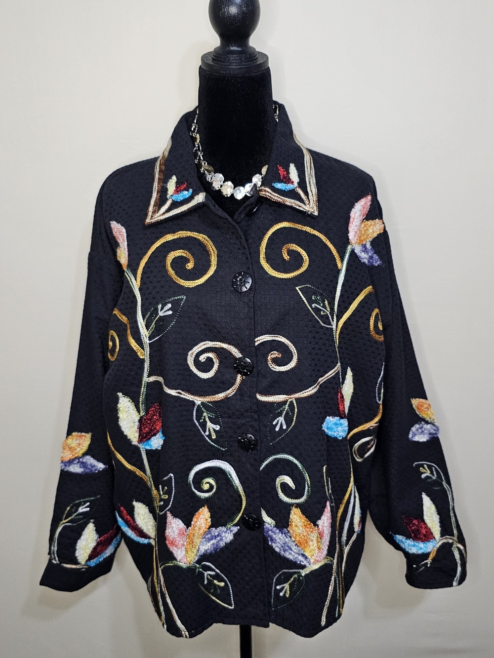 Vintage New Directions Embroidered Jacket Art to Wear Black Floral Size XL